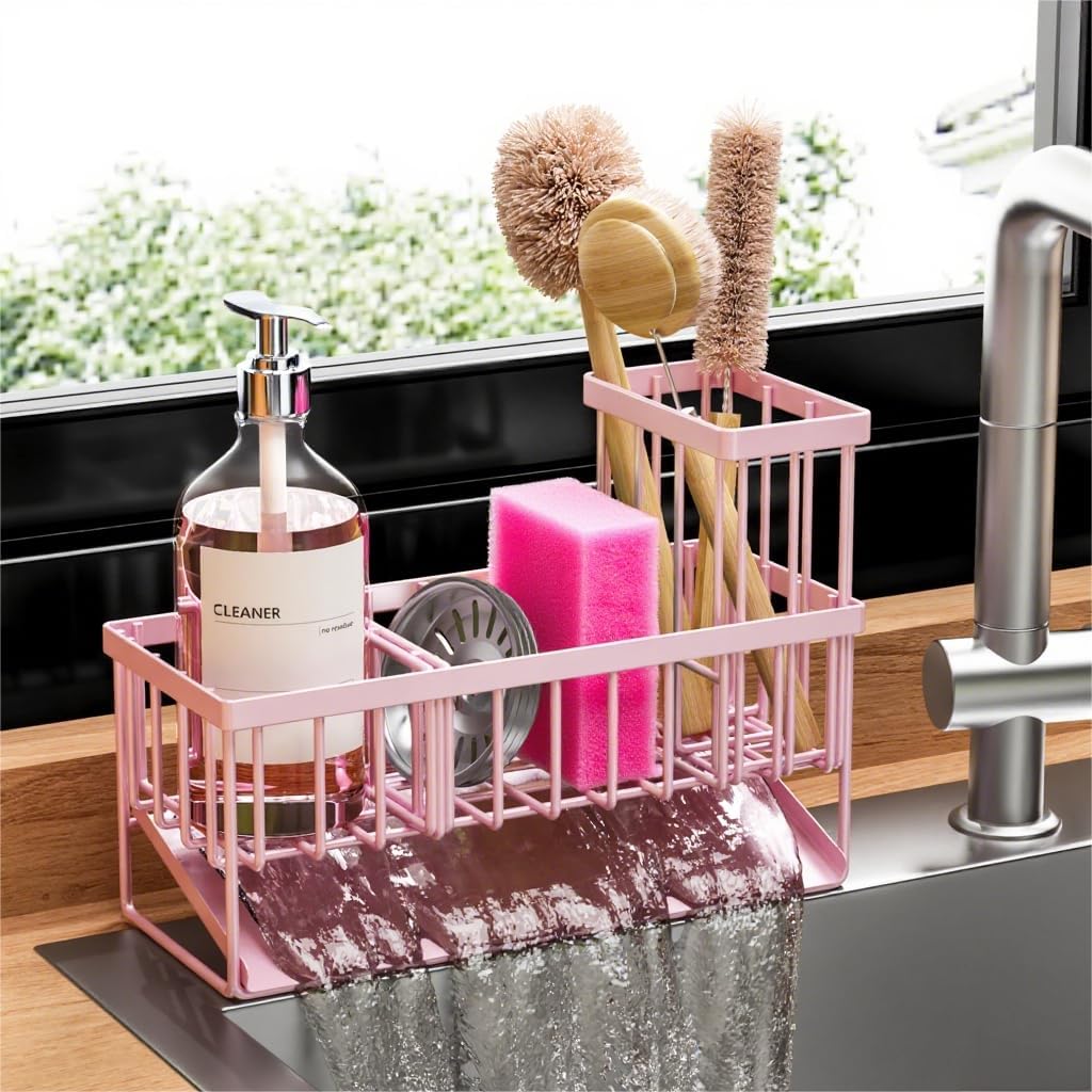 Cisily Kitchen Sink Caddy Organzier with High Brush Holder, Sponge Holder for Sink, 304 Rustproof Stainless, Kitchen Countertop Soap Dispenser Organizer, Kitchen Decor and Accessories (Black) - PuriLite