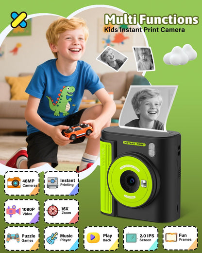 Mgaolo Kids Camera with Instant Print, Thermal Printing Digital Camera Gift for 3-12 Years Old Children, Safe Ink-Free Design, Toy for Creativity & Learning (Black) - PuriLite