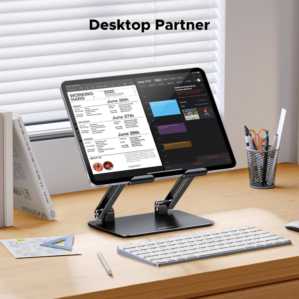 UGREEN Tablet Stand Holder for Desk, Aluminum Desktop Tablet Holder Dock Adjustable Foldable Riser Compatible with iPad Pro 12.9, 9.7, 10.5, iPad Air, iPad mini, Surface Pro, Galaxy Tab, Silver - PuriLite