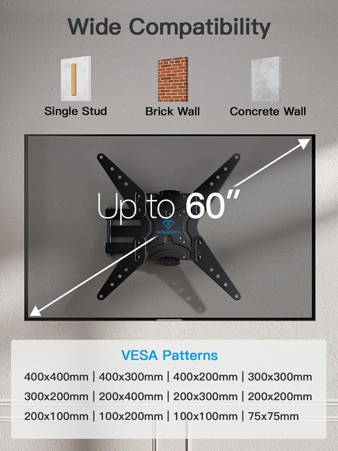 PERLESMITH Full Motion TV Wall Mount for 26-60 Inch Flat, Curved, LED, LCD, OLED, 4K TVs with Tilt, Swivel, Extension, Level, Articulating Arms TV Bracket VESA 400x400, Corner TV Mount up to 77 lbs - PuriLite