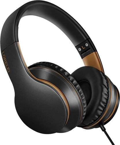 LORELEI X6 Over-Ear Headphones With Microphone, Lightweight Foldable & Portable Stereo Bass With 1.45M No-Tangle Wired for Smartphone Tablet MP3/4 (Black-Gold) - PuriLite