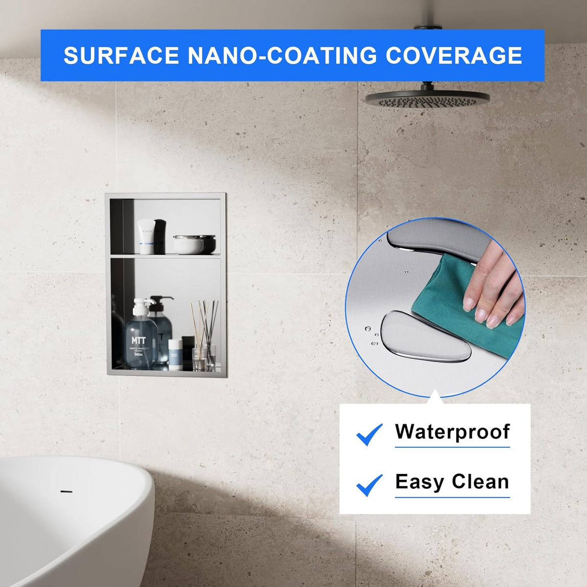 MENATT No Tile Shower Niche, Stainless Steel Wall Niche 13"X19"(Inner Size 12"X18"), Two-Tier Bathroom Shelf, NO Tile Needed Recessed Niche Shower for Bathroom Storage, Black - PuriLite
