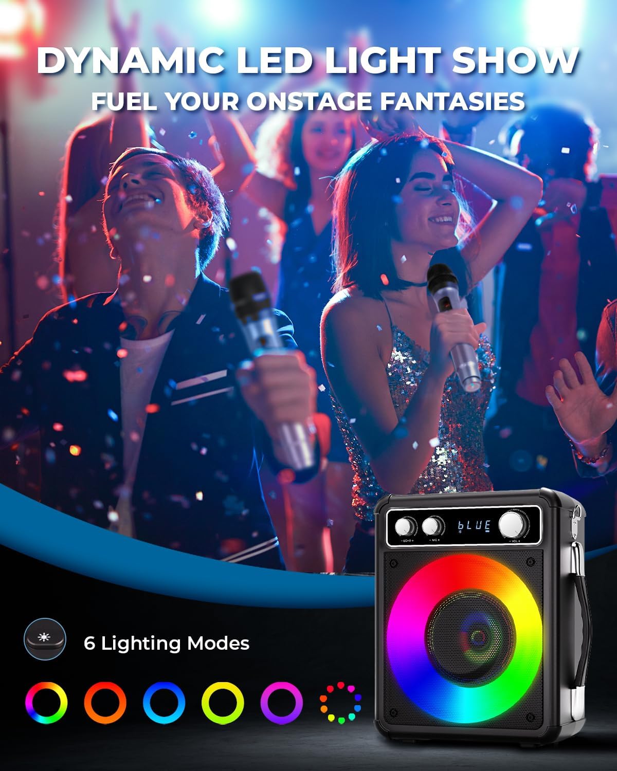 Karaoke Machine, Portable Bluetooth Speaker with 2 Wireless Microphones, PA System for Adults Kids with LED Lights, Supports REC/FM/AUX/USB/TF for Home Party - PuriLite