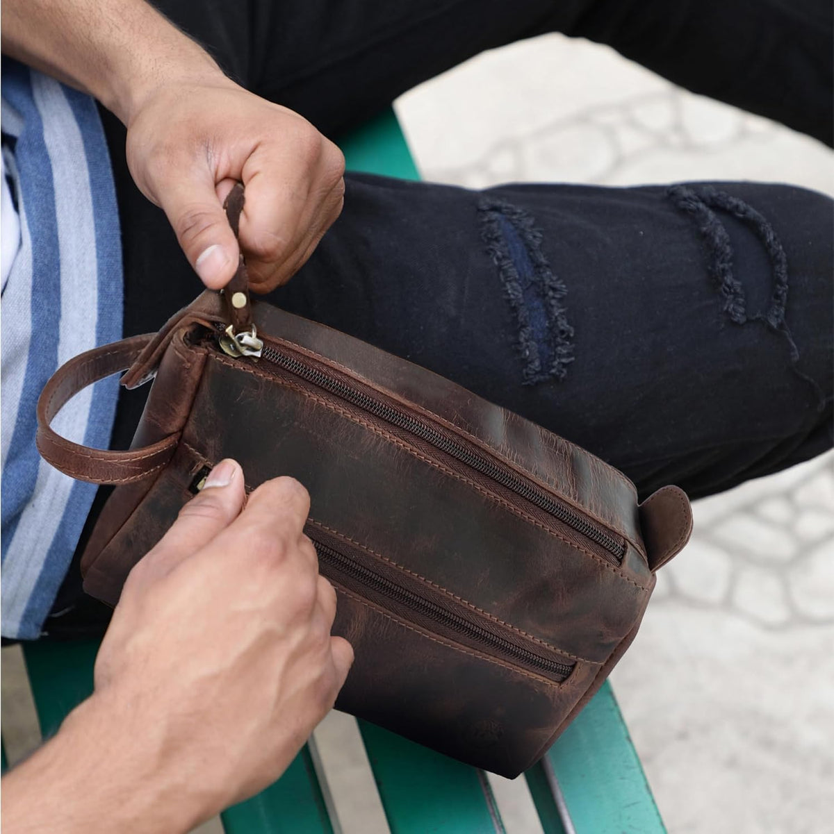 Genuine Leather Travel Toiletry Bag - Hygiene Organizer Dopp Kit by Rustic Town - PuriLite