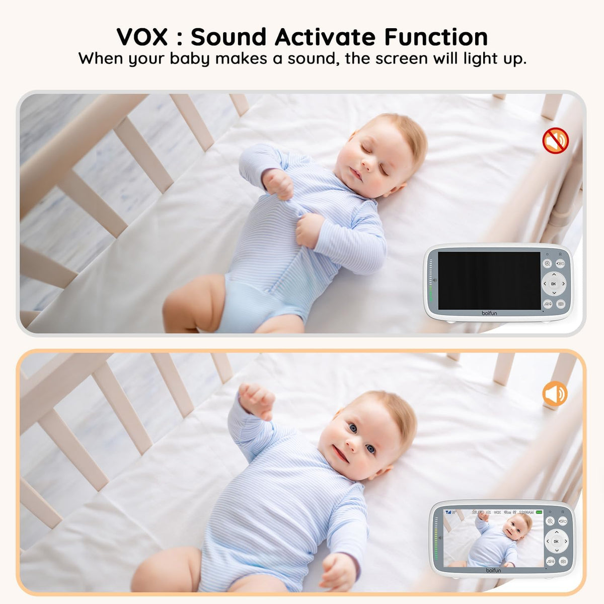 BOIFUN Baby Monitor No Wi-Fi, 4'' 3X Zoom Display, Video Baby Monitor Camera, IPS 720p Wireless (Moniteur Bébé), Easy to Use and Set Up, VOX Sound Detection, Invisible Infrared Night Vision - PuriLite