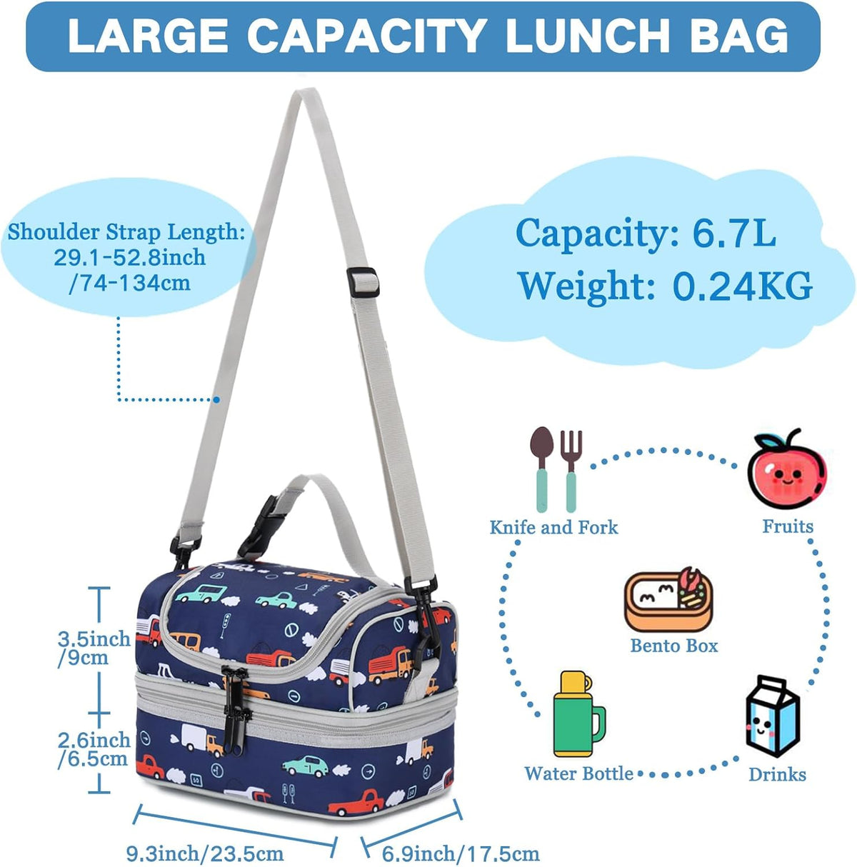 VASCHY Lunch Box Bag Men, Insulated Two Compartments Bento Cooler Bags for Adults/Women/Kids for School,Daycare,Kindergarten,Picnic Black - PuriLite