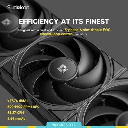 Sudokoo NEXAURA 240 Liquid CPU Cooler: 240mm AIO CPU Cooler with PWM Pump & ARGB Pump Head - Water Cooling with FDB Fans for Intel LGA 1851/1700/1200/115X AMD AM5/AM4 - Black - PuriLite