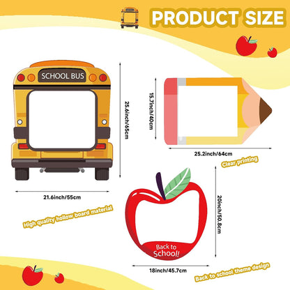 3 Pcs Back to School Photo Props Frame School Bus Photo Booth First Day of School Welcome Decorations School Pencil Shaped Backdrops for Back to School Party Classroom Supplies