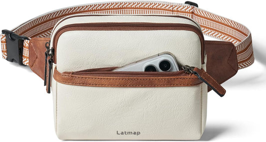 LATMAP 3L Fanny Pack Crossbody Bags for Women Men 4-Zipper Pockets Belt Bag Sling Waist Pack Faux Leather Chest Bag Purse Beige - PuriLite