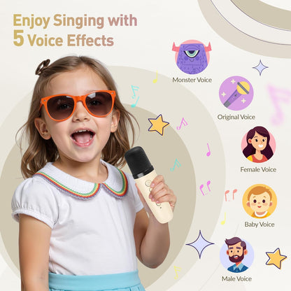 Karaoke Machine, Portable Bluetooth Karaoke Speaker with 2 Wireless Microphones and Party Lights for Kids and Adults, Birthday Gifts for Girls Boys Family Home Party (Beige2) - PuriLite