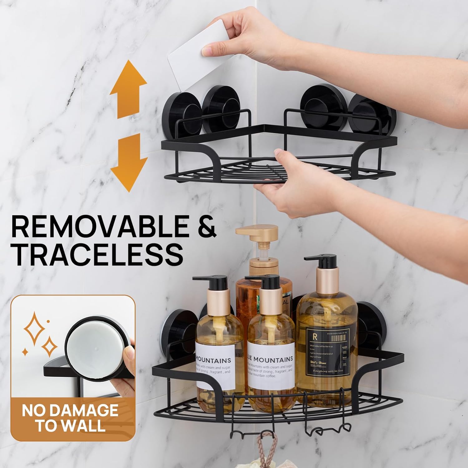 LEVERLOC Shower Caddy Suction Cup, 2 Pack Black Shower Shelf with Hooks and Soap Holder, NO-Drilling Bathroom Organizer, Rustproof Metal Bathroom Storage and Organization - PuriLite