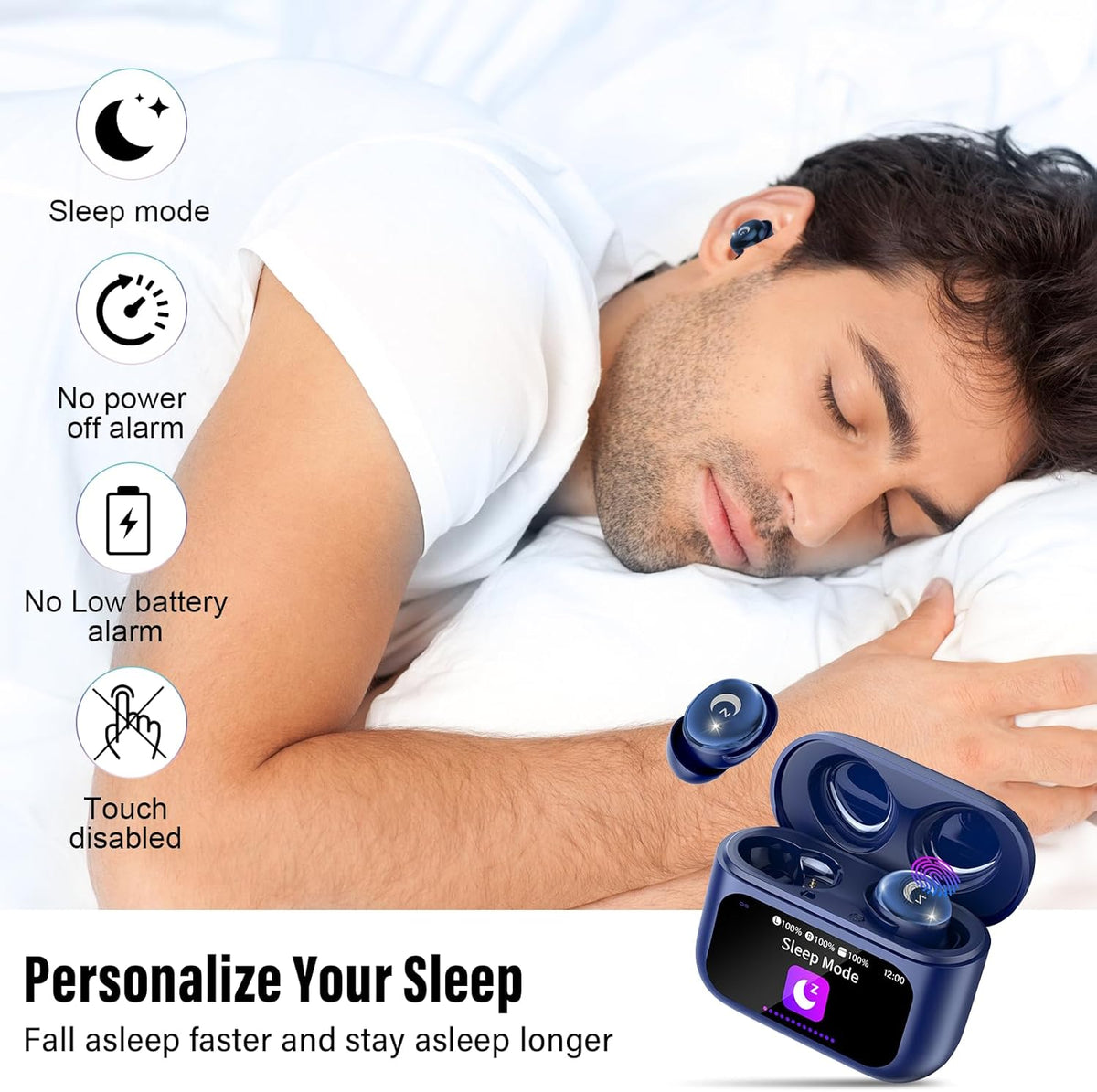 VEKJ Sleep Earbuds, Bluetooth 5.4 Mini Wireless Ear Euds with Multifunctional Touch Screen, 48H Bass Stereo Headphones with Sleep Mode/5 EQ Modes/ENC Noise Cancelling, IPX7 Earphones for iOS Android - PuriLite
