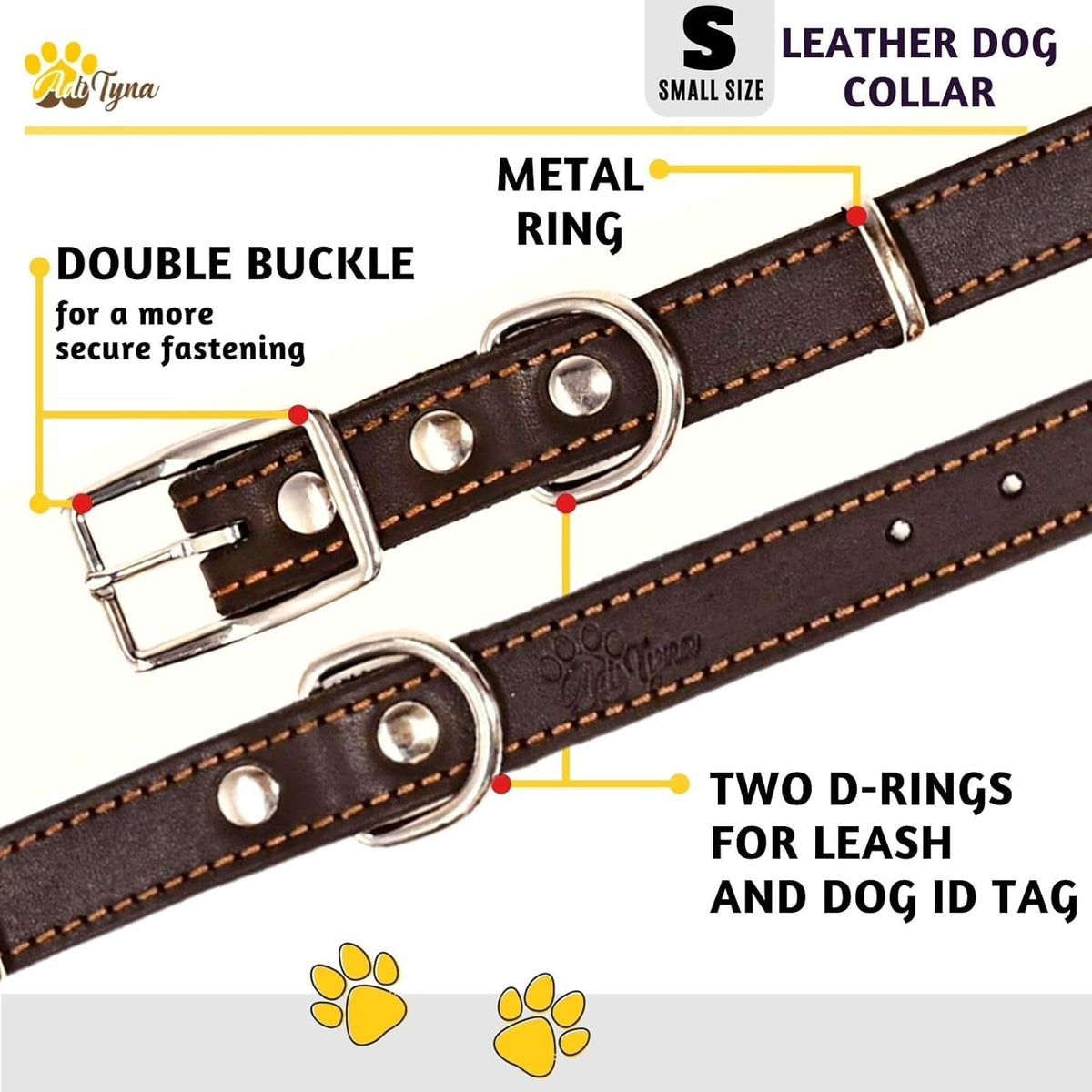 ADITYNA Heavy-Duty Leather Dog Collar for Medium Dogs - Soft and Strong, 100% Genuine Leather - Collier Pour Chien (Medium: Fit 13" - 20" Neck, Brown) - PuriLite