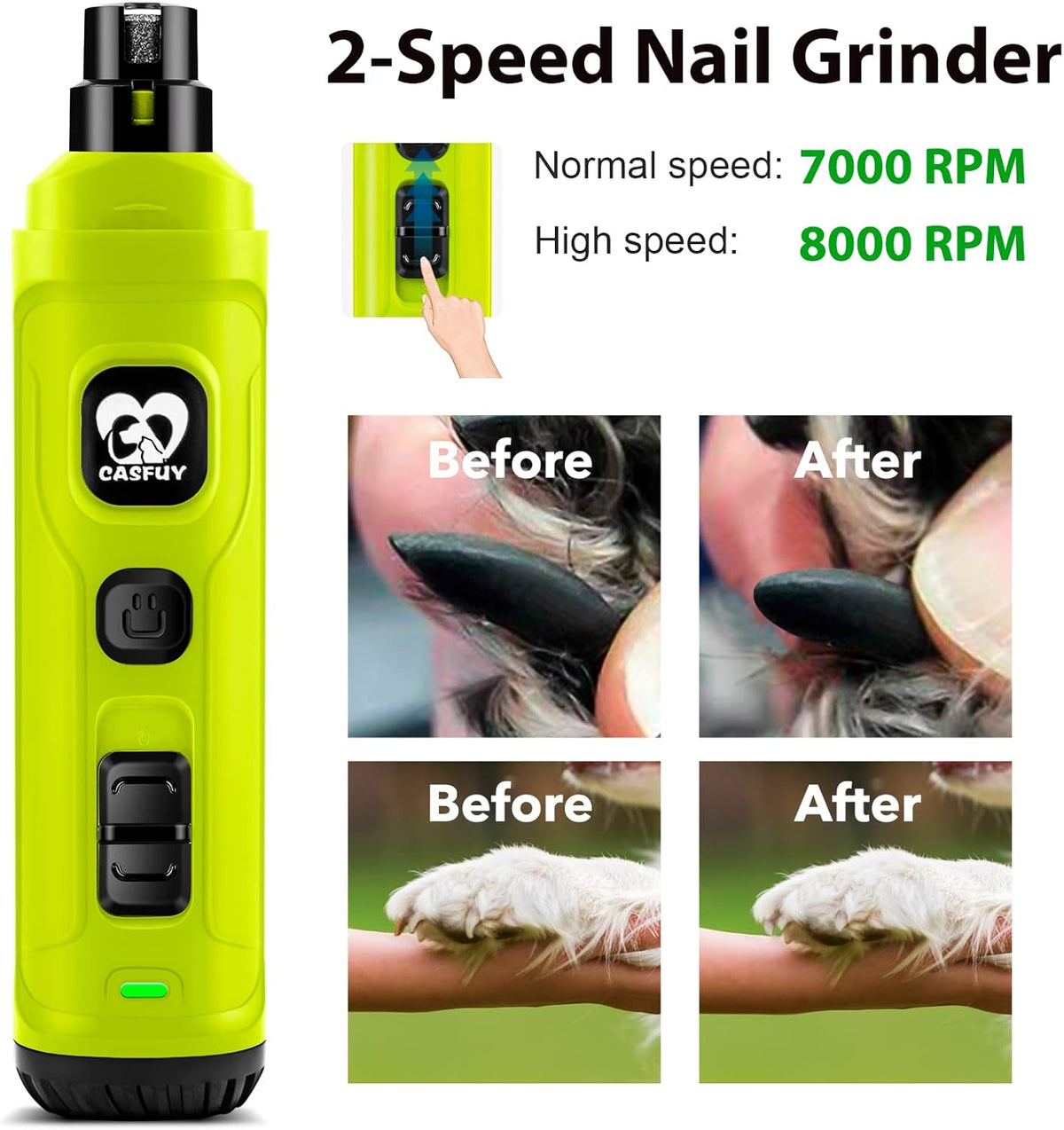 Casfuy Dog Nail Grinder with 2 LED Light - New Version 2-Speed Powerful Electric Pet Nail Trimmer Professional Quiet Painless Paws Grooming & Smoothing for Small Medium Large Dogs and Cats (Blue) - PuriLite
