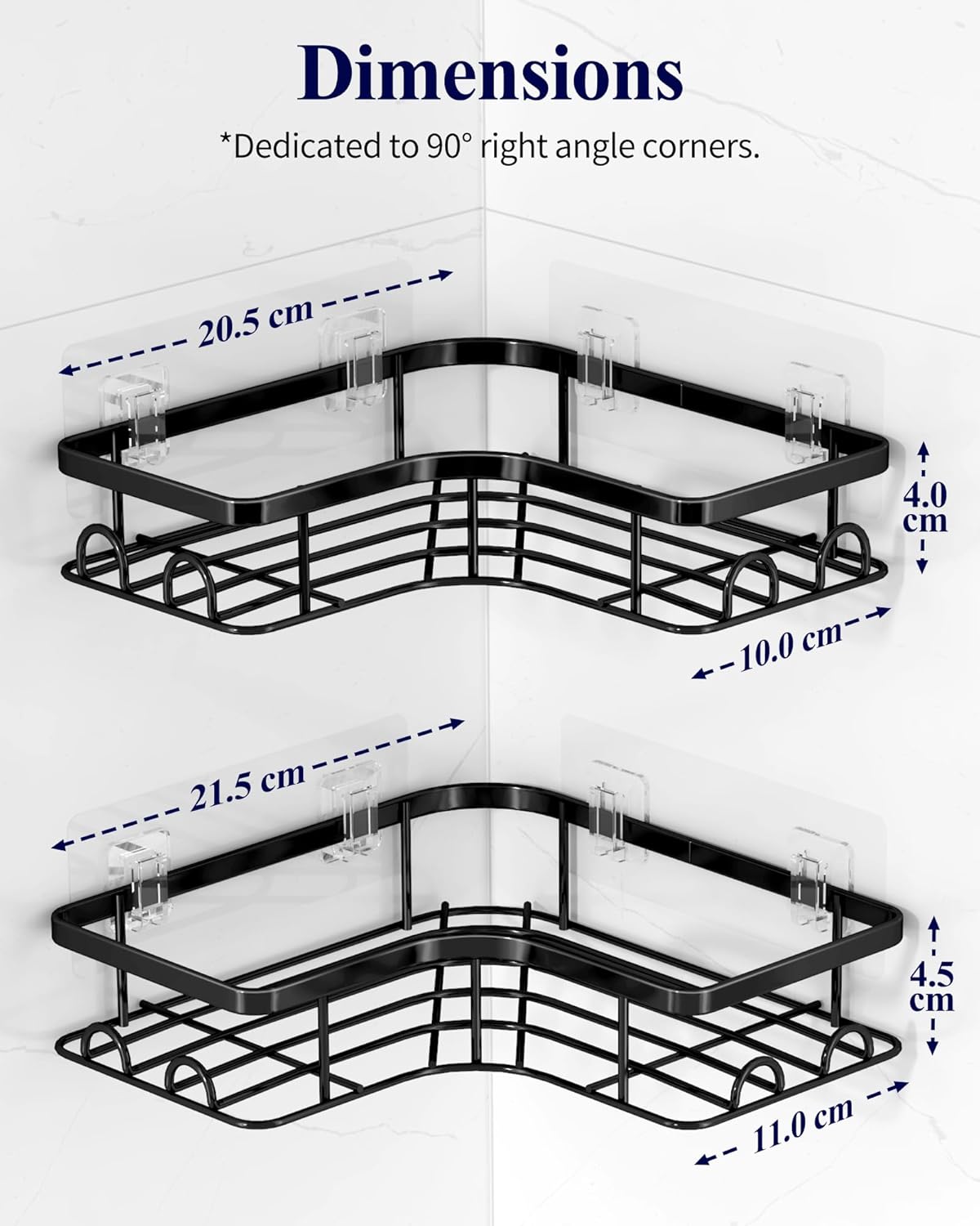 Kitsure Corner Shower Caddy - 2 Pack Rustproof Shower Organizer, Durable Shower Shelf with Large Capacity, Drill-Free Adhesive Bathroom Shelves with 4 Movable Hooks, 11.0 x 21.5 x 4.5cm, Black - PuriLite