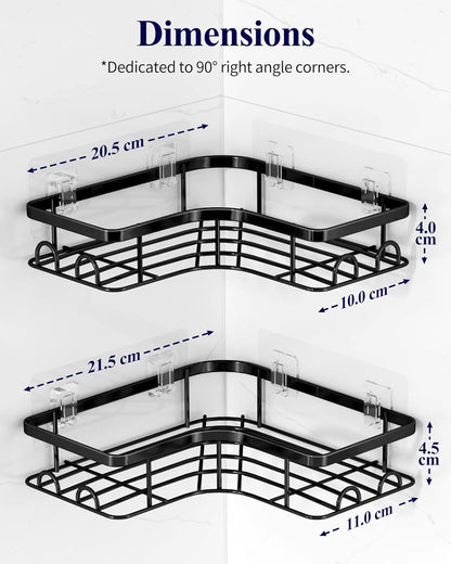 Kitsure Corner Shower Caddy - 2 Pack Rustproof Shower Organizer, Durable Shower Shelf with Large Capacity, Drill-Free Adhesive Bathroom Shelves with 4 Movable Hooks, 11.0 x 21.5 x 4.5cm, Black - PuriLite
