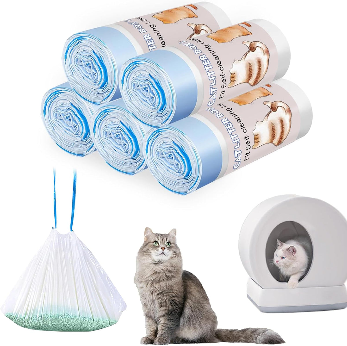 Joddguu 100 Count Self-Cleaning Cat Litter Box Liners Compatible With MW-SC01/MW-SC02/MW-LR01 Automatic Cat Litter Box, Drawstring Heavy Duty Kitty Litter Bags Replacement Trash Bag -18" x 12.6" - PuriLite