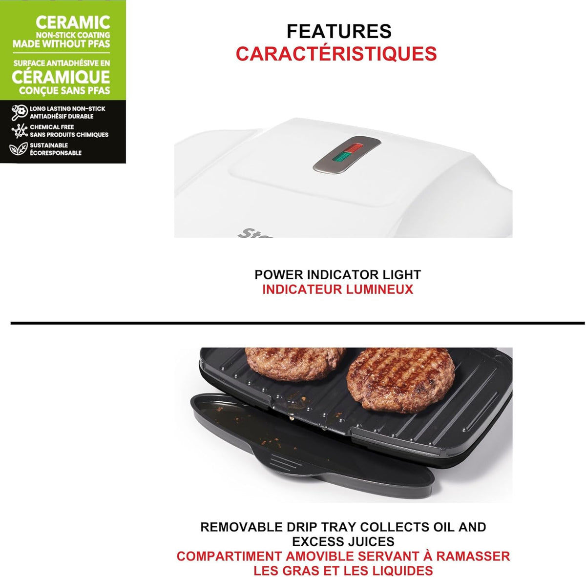 Starfrit Grill And Panini Press With Ceramic Coating - Non-Stick Coating - Removable Fat And Oil Collection - White - PuriLite