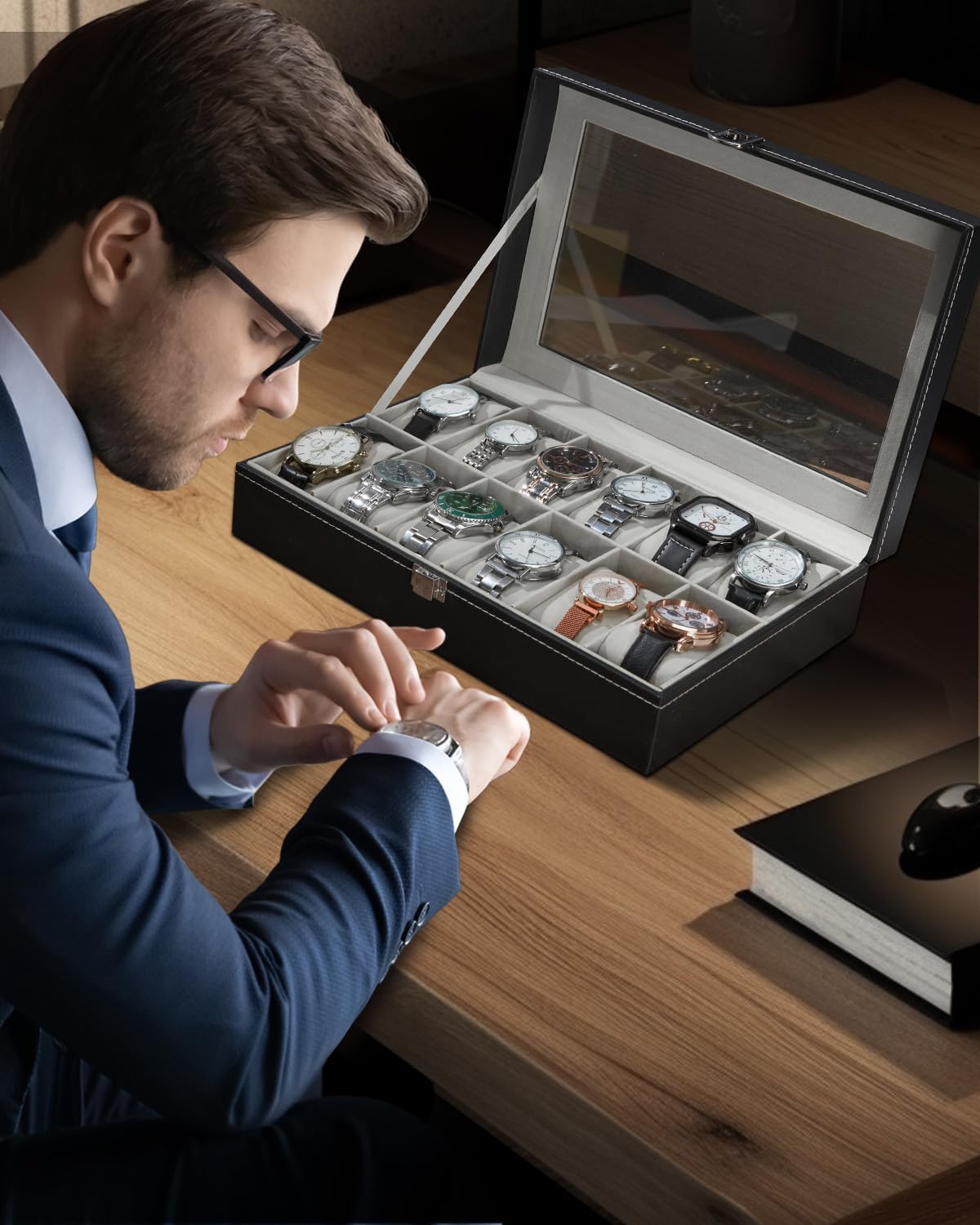 Ohuhu Watch Box Organizer for Men -12 Slot Leather Watch Case with Real Glass Lid Watch Display Case, Watch Organizer Jewelry Storage Box - PuriLite