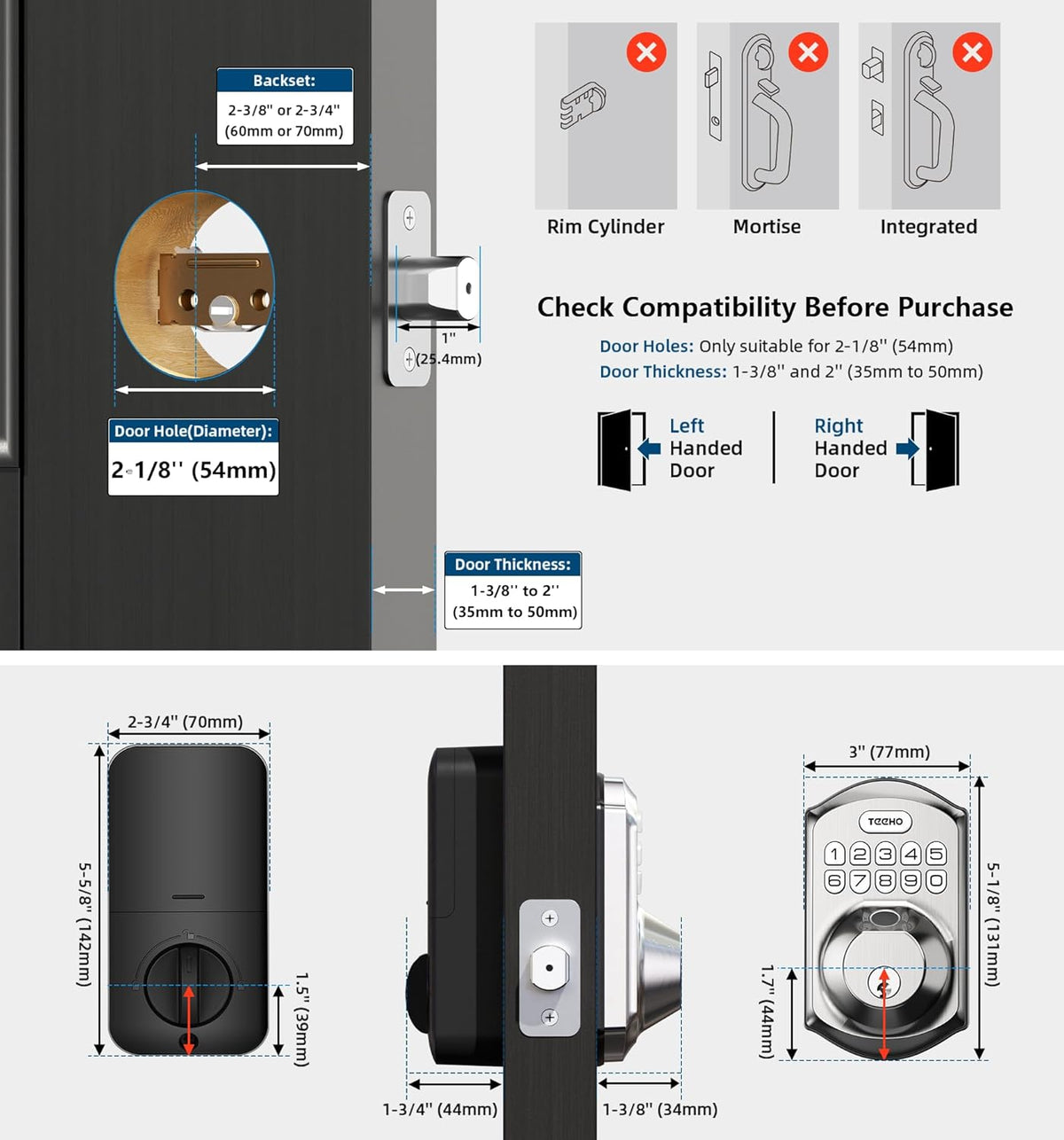 TEEHO TE002 Fingerprint Door Lock, Smart Keyless Entry Electronic Keypad Deadbolt for Front Door - Auto Lock - Easy Installation - Matte Black - PuriLite