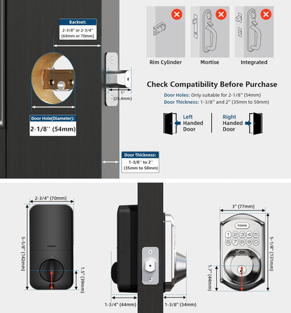 TEEHO TE002 Fingerprint Door Lock, Smart Keyless Entry Electronic Keypad Deadbolt for Front Door - Auto Lock - Easy Installation - Matte Black - PuriLite
