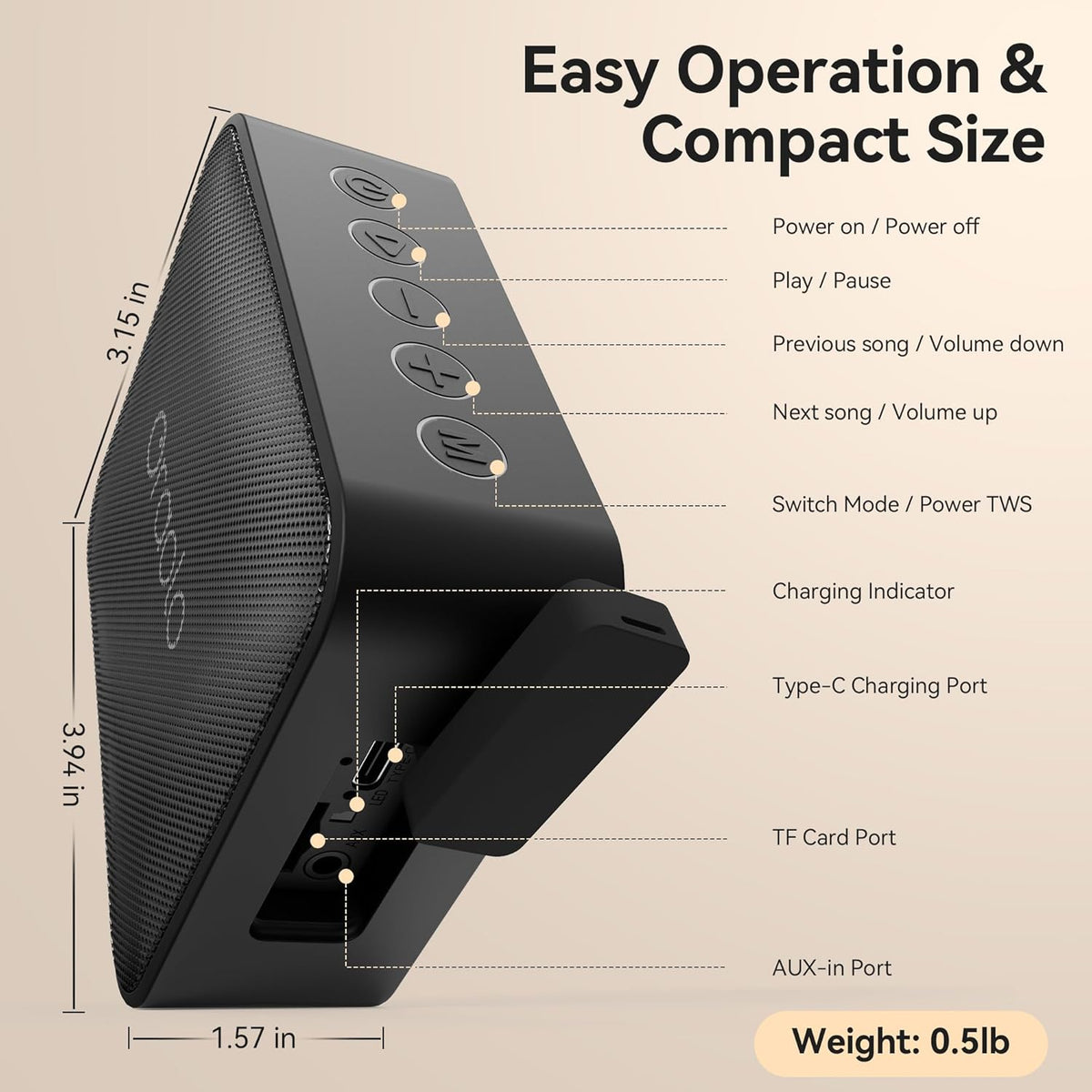 Oraolo Bluetooth Speaker, IPX6 Waterproof Portable Bluetooth Speaker with Stereo Sound, Bluetooth 5.0, TWS Pairing, Support AUX/TF Card, Small Wireless Speaker for Home, Shower, Outdoors, Travel - PuriLite
