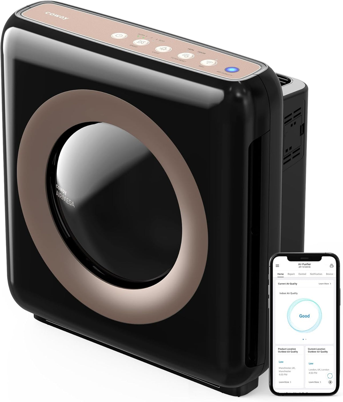 Coway Airmega AP-1512HHS App-Enabled Smart Technology, Compatible with Amazon Alexa True HEPA Air Purifier, Black/Bronze - PuriLite
