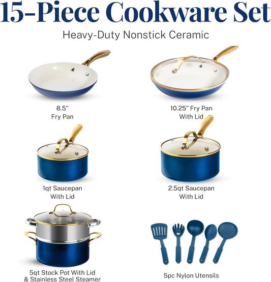 Gotham Steel 15 Pc Ceramic Pots and Pan Set, Non Stick Cookware Set with Steamer and Cooking Utensils, Non Toxic PFOA PFOS Free, Gold Stay Cool Handles, Oven and Dishwasher Safe - PuriLite