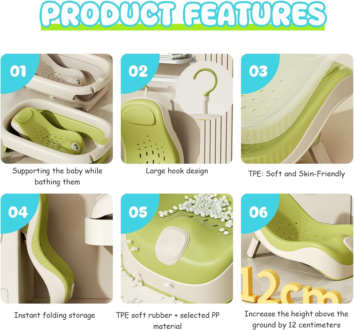 Baby Sink Bath, Adjustable Height Ergonomic Baby Bath Support with Temperature Reminder & Drainage Hole, Foldable Portable Infant Bathtub with Hook for Home Travel, Green, Sink Bather for - PuriLite
