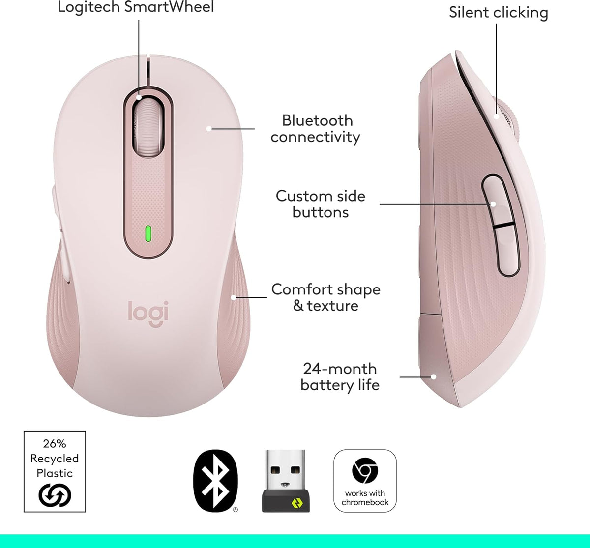 Logitech Signature M650 L Full Size Wireless Mouse - For Large Sized Hands, 2-Year Battery, Silent Clicks, Customizable Side Buttons, Bluetooth, for PC/Mac/Multi-Device/Chromebook - Black - PuriLite