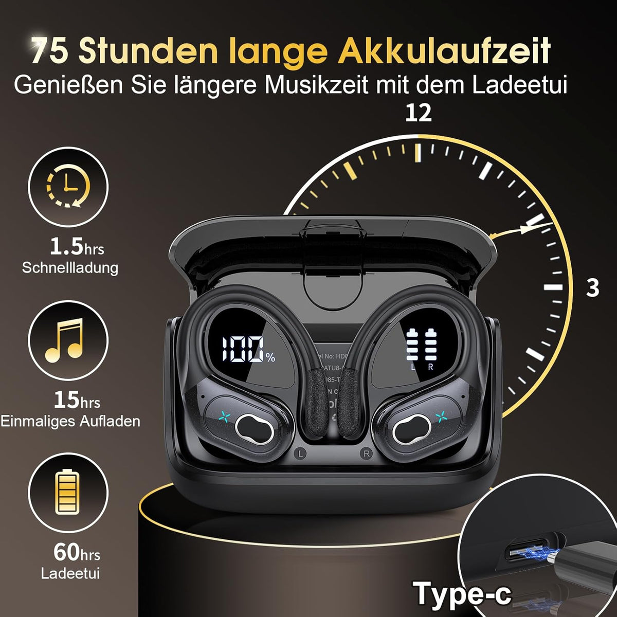 STECEi Wireless Earbuds 75hrs Bluetooth 5.4 Headphone Sport, Bluetooth Earbuds HiFi Stereo Over Ear Bud with Earhooks, ENC Noise Cancelling Mic, IP7 Waterproof Wireless Earphone for Workout/Running - PuriLite