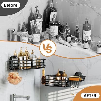 LEVERLOC Shower Caddy Suction Cup, 2 Pack Black Shower Shelf with Hooks and Soap Holder, NO-Drilling Bathroom Organizer, Rustproof Metal Bathroom Storage and Organization - PuriLite