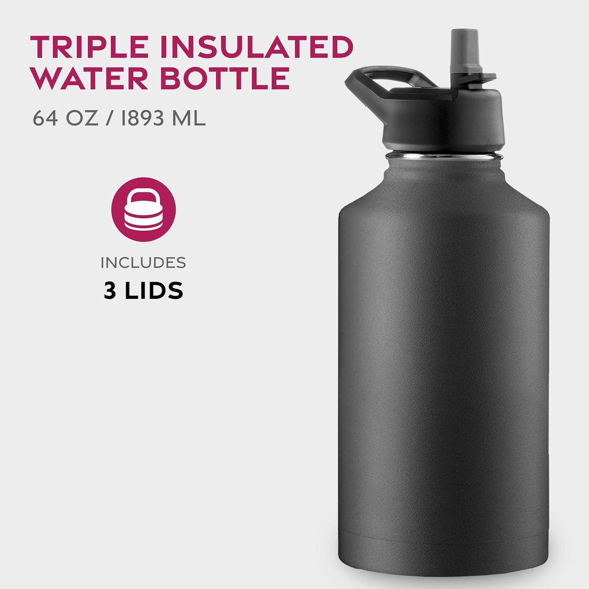 FineDine Water Bottle - Stainless Steel Insulated Water Bottle with Straw Lid, Flip Lid & Wide-Mouth Cap - Keeps Hot and Cold - 25 Oz / 739ml - Pure Pearly White - PuriLite