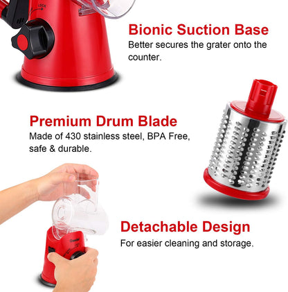 Geedel Kitchen Cheese Grater, Rotary Mandoline Vegetable Slicer with Interchangeable Blades, Easy to Use Rotary Grater Slicer for Fruit, Vegetables, Nuts - PuriLite