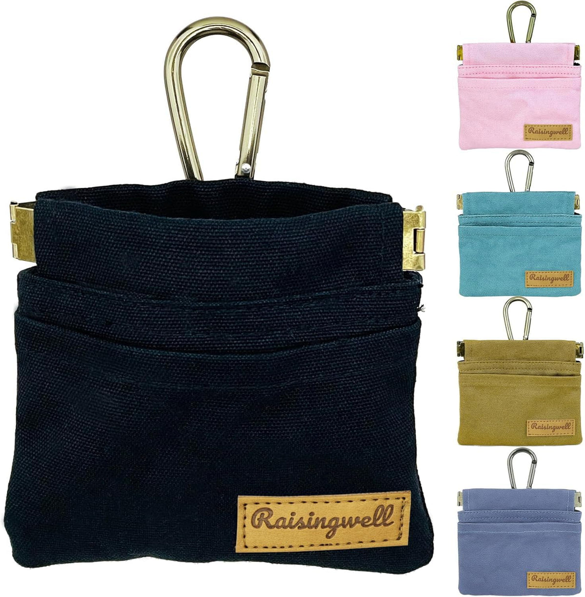 Raisingwell Dog Treat Pouch, Black Pocket Sized Pet Training Pouch, Cotton Fabric, Hand Free Dog Walking Bag with Carabiner, Self-Closing Pet Feed Snack Reward, for Pet Puppy Travel or Outdoor Use - PuriLite