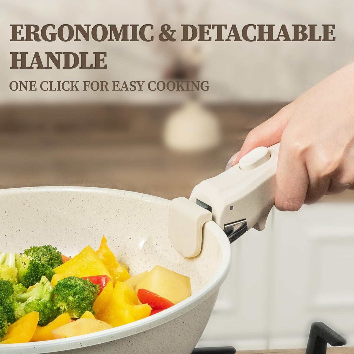 Ceramic Cookware Set Non Stick 23Pcs Pots and Pans Set Non Toxic with Detachable Handle Induction Kitchen Cookware Set Space Saving, Oven & Dishwasher Safe, Cream White