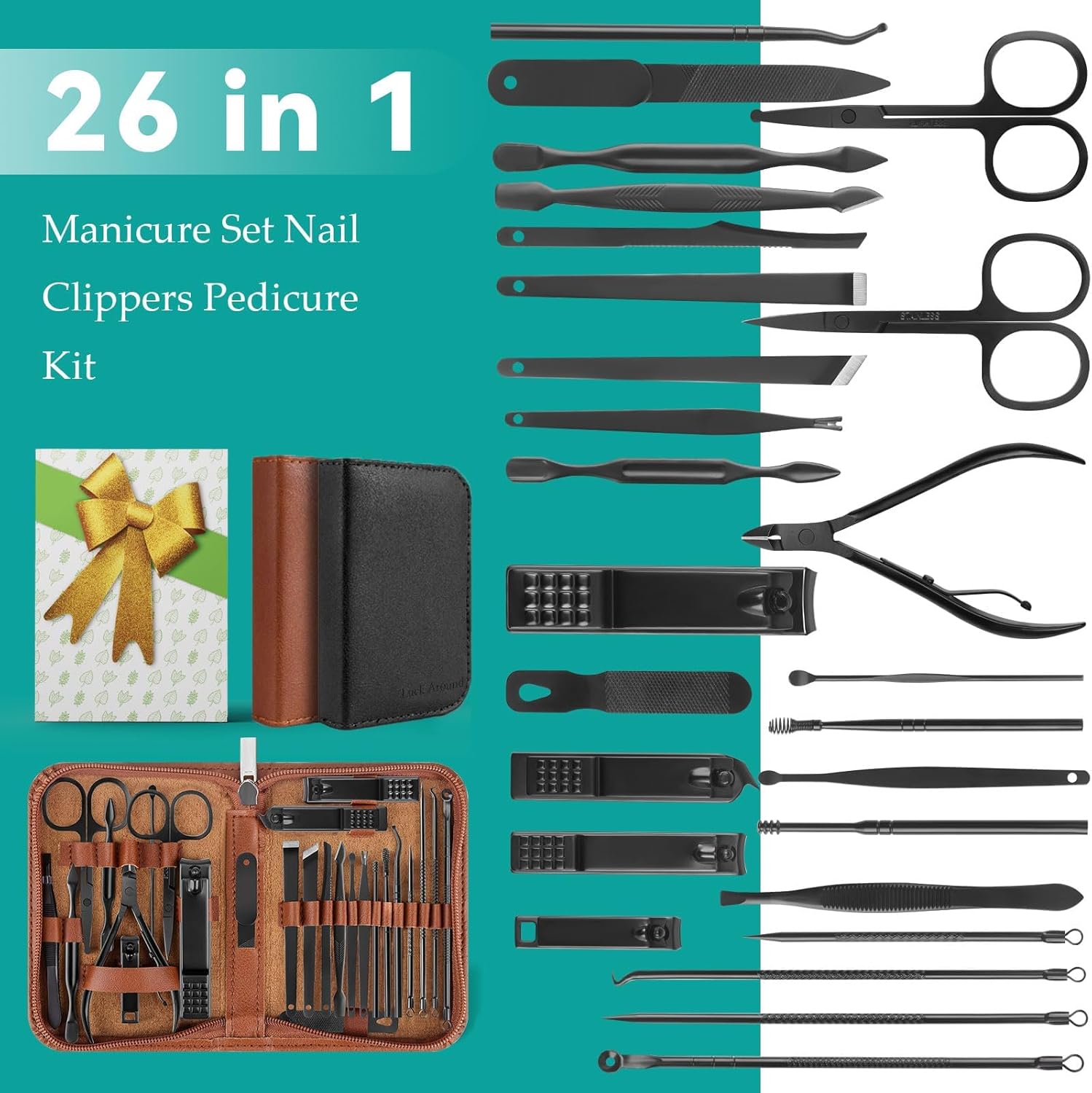 Nail Clippers Set, 26 Piece Manicure Set & Pedicure Kit, Stainless Steel Fingernail & Toenail Clipper Cutters, Professional Nail Care Tools with Luxurious Travel Case for Men and Women, Black - PuriLite