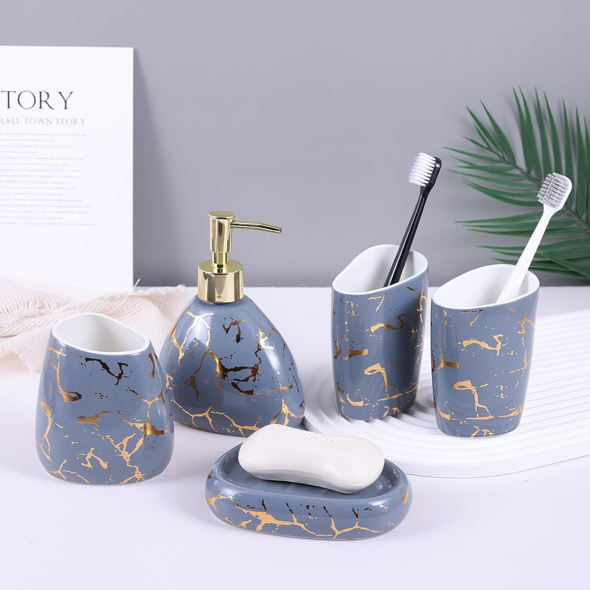 White Bathroom Accessories Set,Modern Countertop Bathroom Decor,Luxury 6 Piece Bathroom Accessory Set,Complete with Soap Dispenser,Toothbrush Holder,Tumbler,Tray - PuriLite