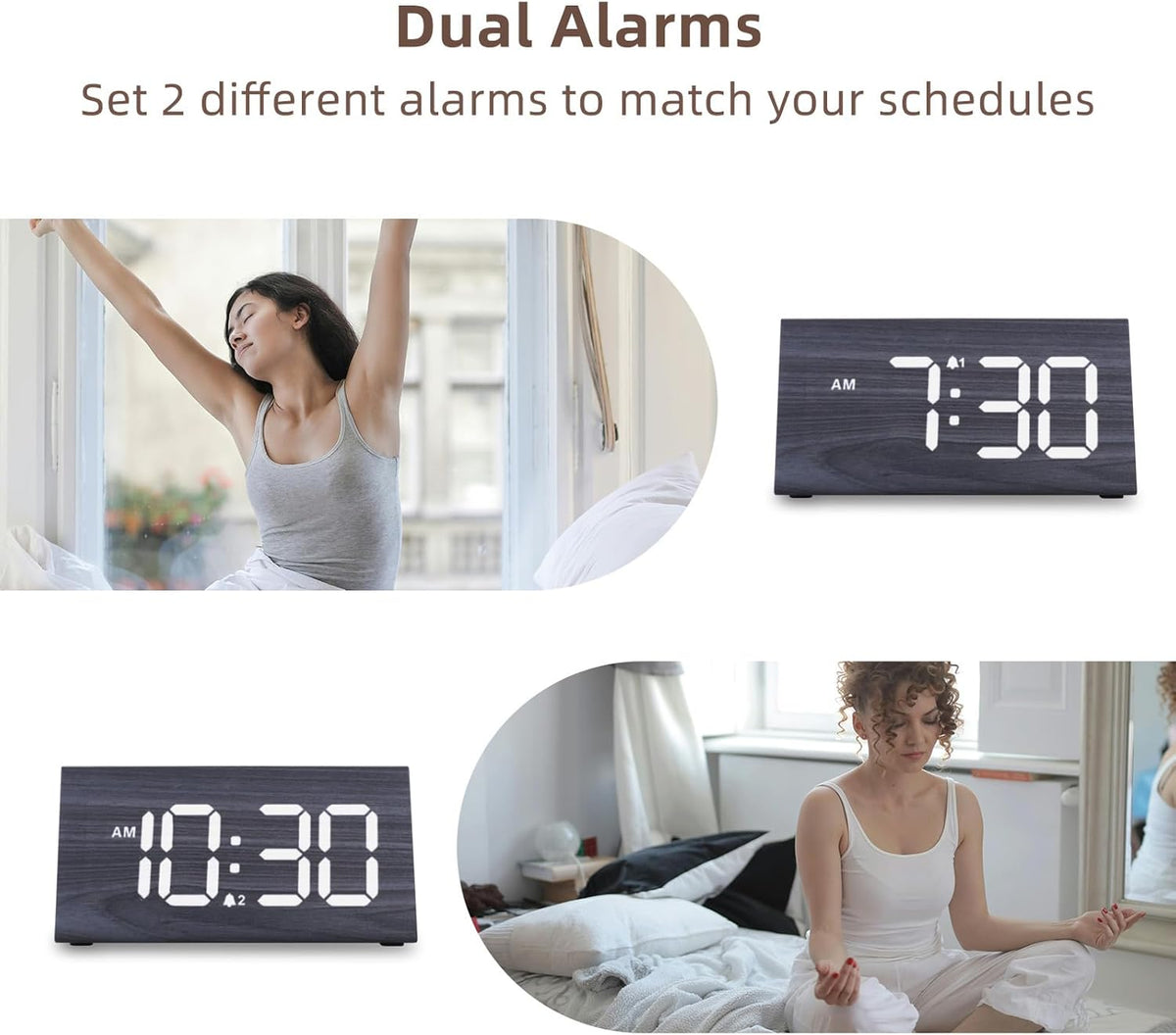 Odokee Wooden Digital Alarm Clock for Bedroom: Electric Desk Clock with Large LED Display - Brown - PuriLite