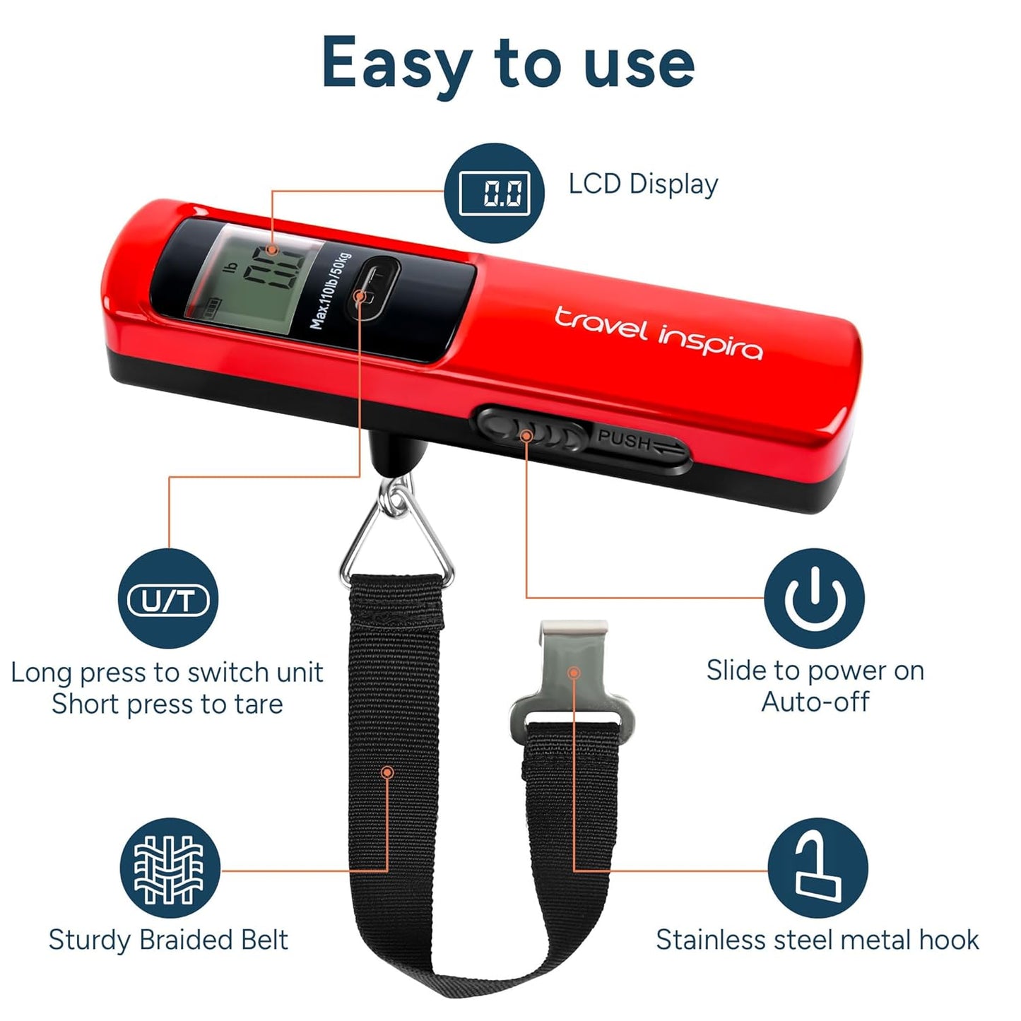 travel inspira Luggage Scale Battery-Free, Portable Handheld Digital Suitcase Scale for Travelling, 110lbs/50kg - PuriLite