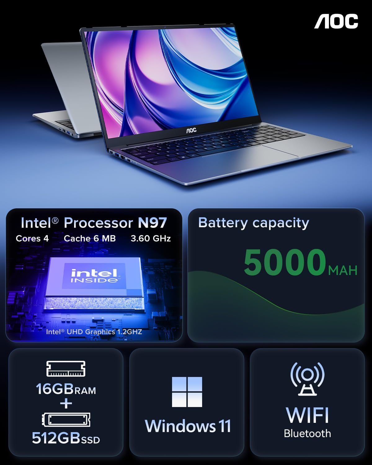 2025 AOC AX15 Laptop, 15.6-inch FHD (1920 x 1080) Display, Intel N97(4C/4T) Processor, 16GB DDR4 RAM, 512GB SSD, Windows 11 Pro, WiFi5, BT5.0, 38Wh Battery - PuriLite