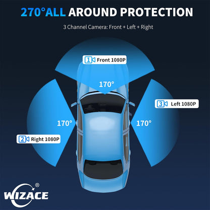 3 Channel Dash Cam WiFi FHD 2K Car Camera with 64GB Card, WIZACE 270° Front Dash Camera Front and Inside Left Right for Cars, Mini Dashcams with Night Vision,Loop Recording,WDR,G-Sensor, APP - PuriLite