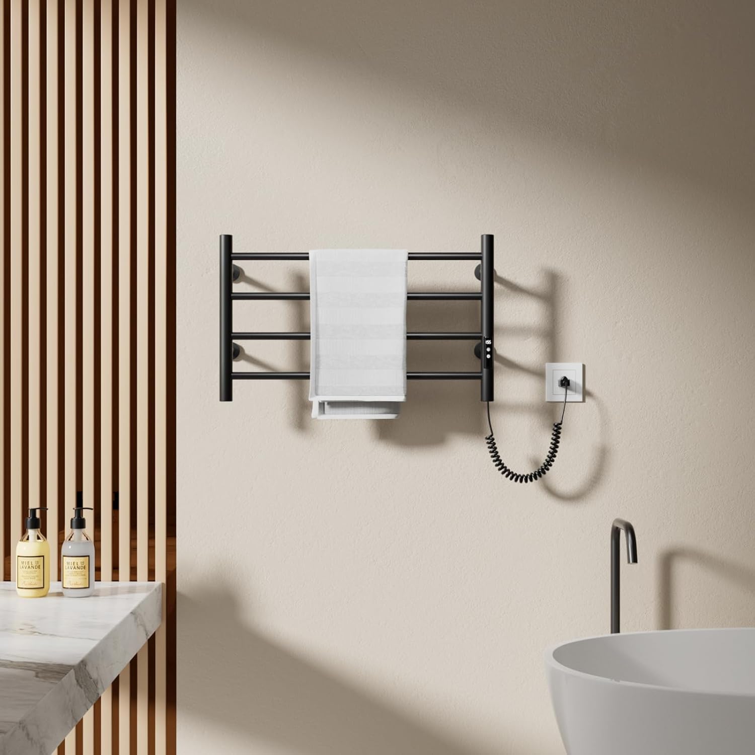 POPFLY Heated Towel Rack, Wall Mounted Electric Hot Towel Warmer, 4-Bar 304 Stainless Steel Small Heated Towel Warmer Rack for Bathroom with Timer and Temperature Control, Brushed - PuriLite