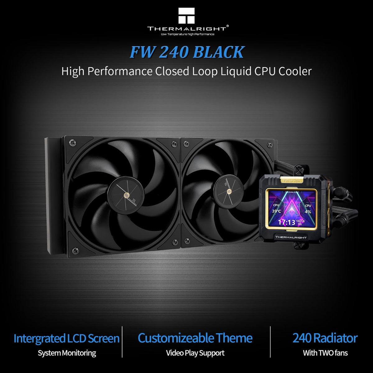 Thermalright FW 360 Black ARGB-360mm AIO CPU Liquid Cooler,IPS LCD Screen with 320 * 240 Resolution,for AM5/Intel LGA1700,‘2.4 inch’Magnet-Absorbent LCD Screen for Images -Black - PuriLite
