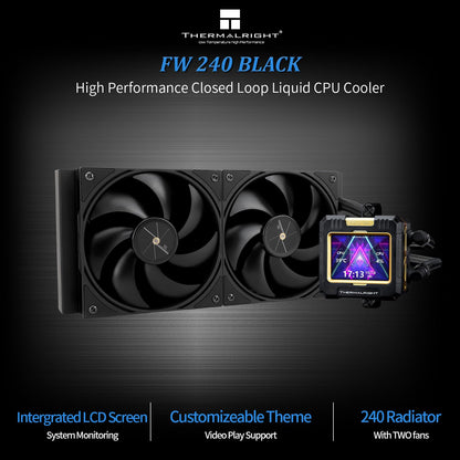 Thermalright FW 360 Black ARGB-360mm AIO CPU Liquid Cooler,IPS LCD Screen with 320 * 240 Resolution,for AM5/Intel LGA1700,‘2.4 inch’Magnet-Absorbent LCD Screen for Images -Black - PuriLite