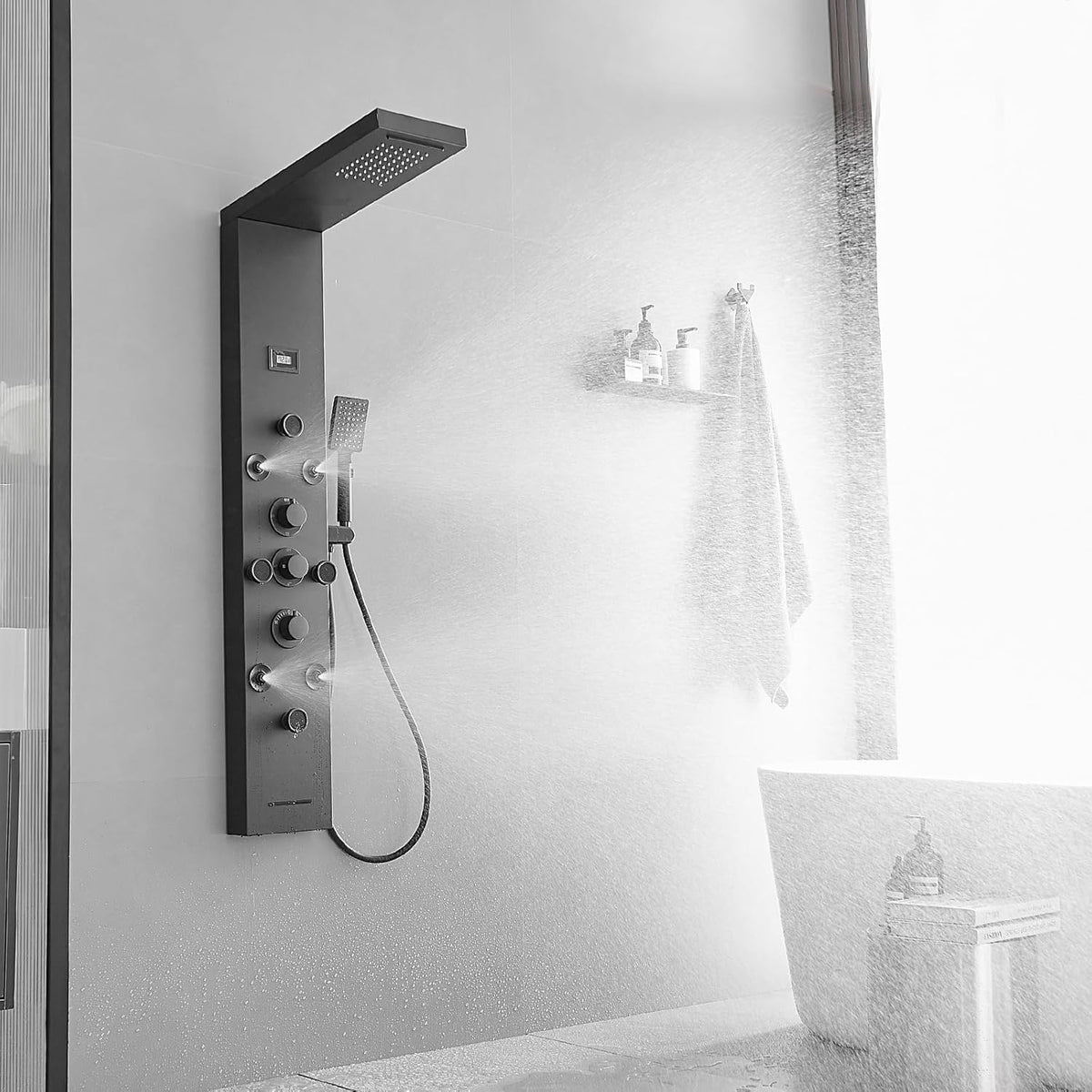 Bathfinesse Shower Tower Bathroom Shower Panel System Rain Massage System 6 in 1 Body Spray Jets Shower Wall Panels Rainfall Waterfall Shower Head Tub Spout with Temperature Display,Matte Black - PuriLite
