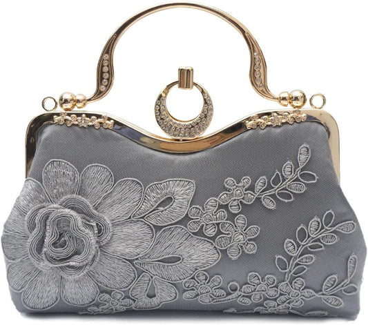 CORIOS Women Evening Bag Floral Embroidery Clutch Bag Vintage Handbag Bridal Wedding Purse Elegant Shoulder Bag - PuriLite