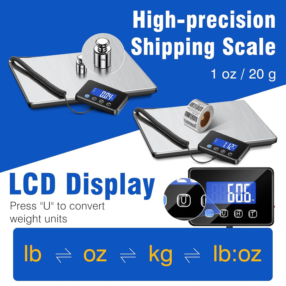RAOYAN Shipping Scale, 660 lb / 1 oz High Accuracy Digital Postal Scale with LCD Display, Hold/Tare Function, Shipping Scale for Package, Luggage, Warehouse (Including 2 Batteries, Charging Cable) - PuriLite