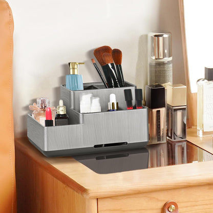 Toothbrush Holder, Bathroom Organizers Countertop, 6 Compartments Multifunctional Washroom Organizer for Toothpaste, Cosmetic, Makeup, Office Stationery Pencils（Silver）