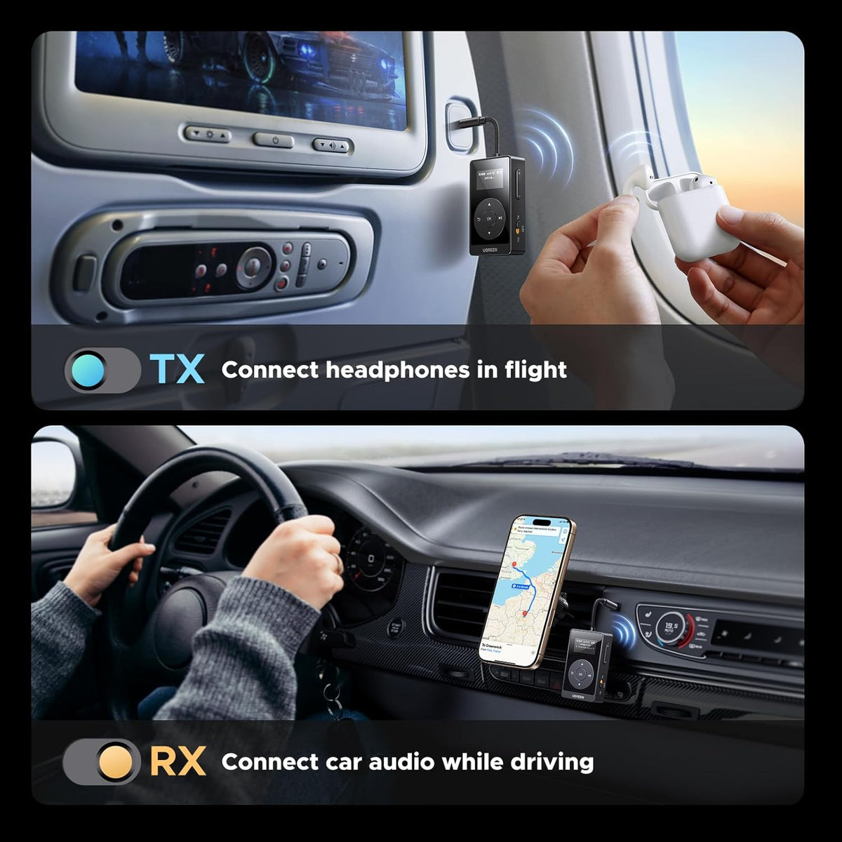 UGREEN Airplane Bluetooth 5.3 Transmitter Receiver for 2 Airpods, AptX Adaptive/HD Audio 3.5m Aux Bluetooth Adapter for Airplane TV Wireless Headphones, Travel Essentials for Flying - PuriLite